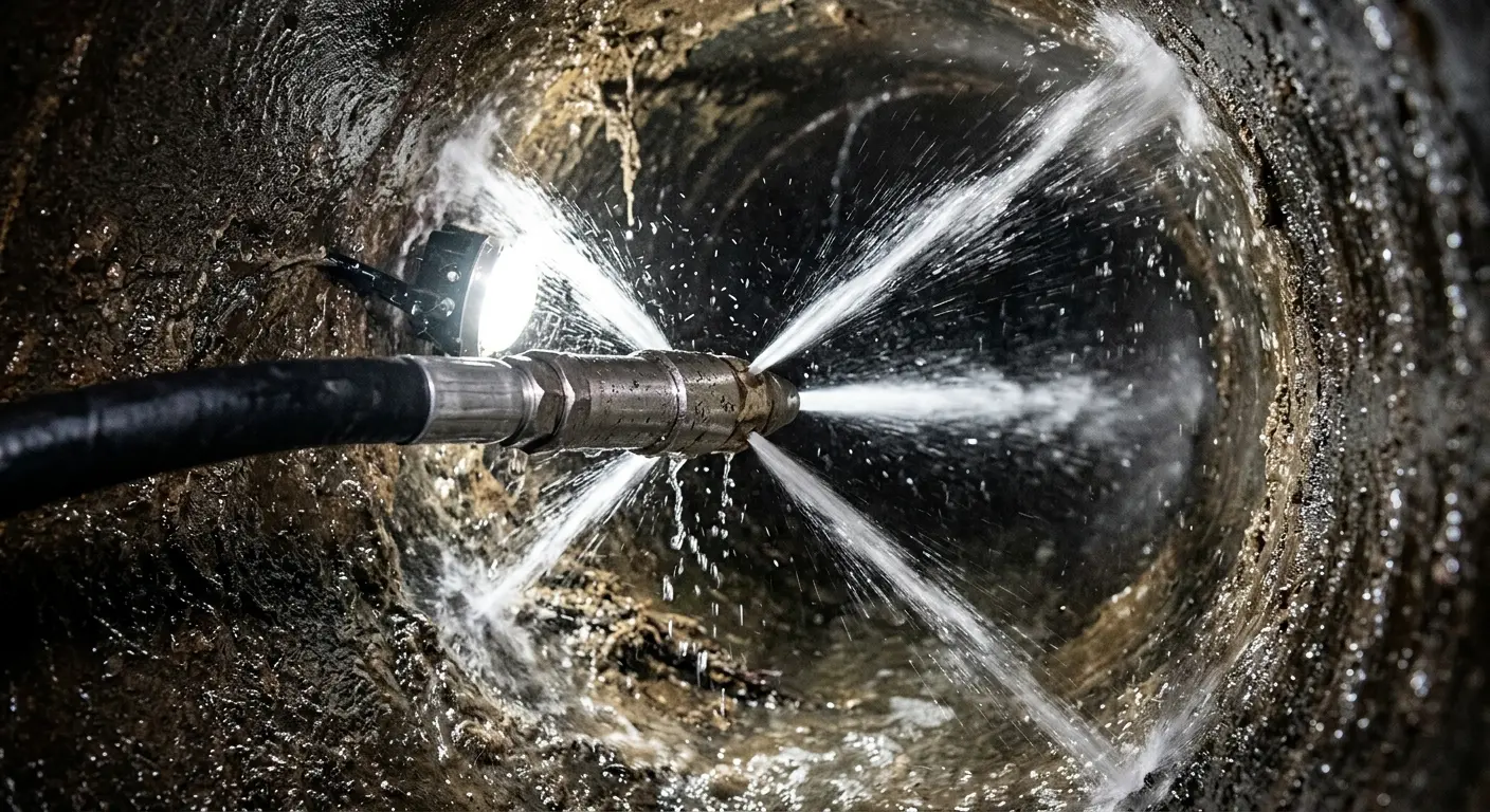 High-pressure hydro jetting nozzle cleaning sewer pipe for Sewer Cleanout in Columbia City