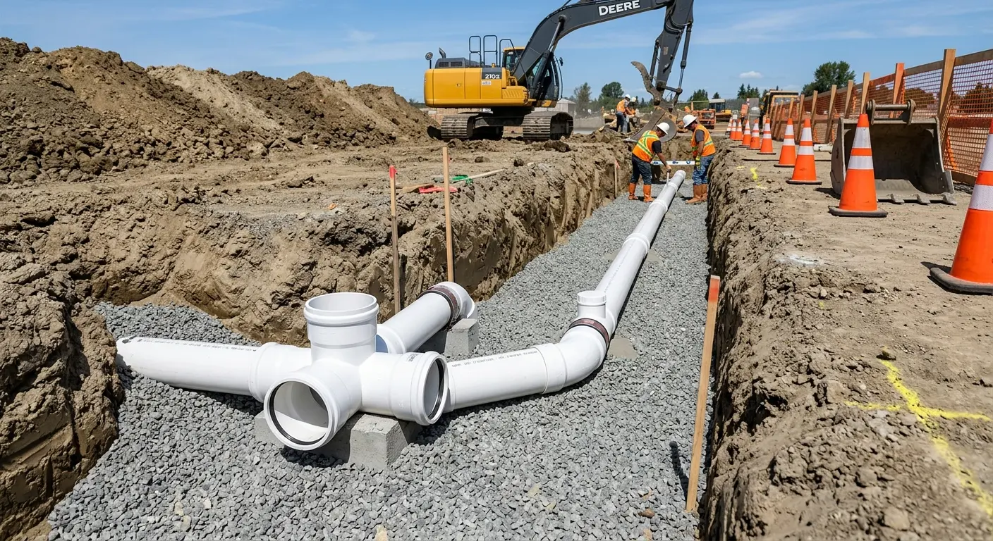New PVC sewer pipe installation in open trench for Sewer Backup in Columbia City