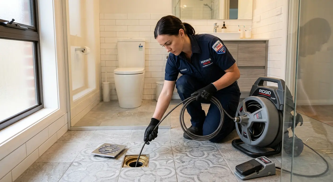 Technician clearing a bathroom floor drain for Sewer Line Replacement in Columbia City